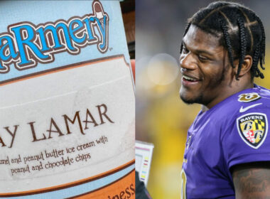 A tub of 'Pay Lamar' ice cream featuring Lamar Jackson's image