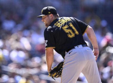 David Bednar in his Pirates uniform, celebrating a save