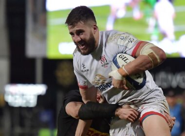 Ireland's Center Stuart McCloskey displaying his rugby skills during a match