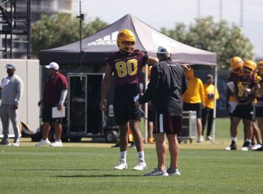 Arizona State Tight End Messiah Swinson making a catch at Camp T.