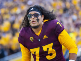 Isaia Glass on the field, ready to lead ASU's offensive line