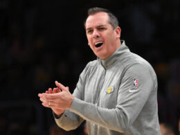 Frank Vogel standing on the court during a game.